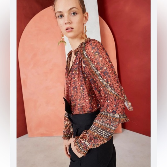 Ulla Johnson Calista Sheer Silk Blouse in Rust Gold and Navy Size 2 - Picture 1 of 14